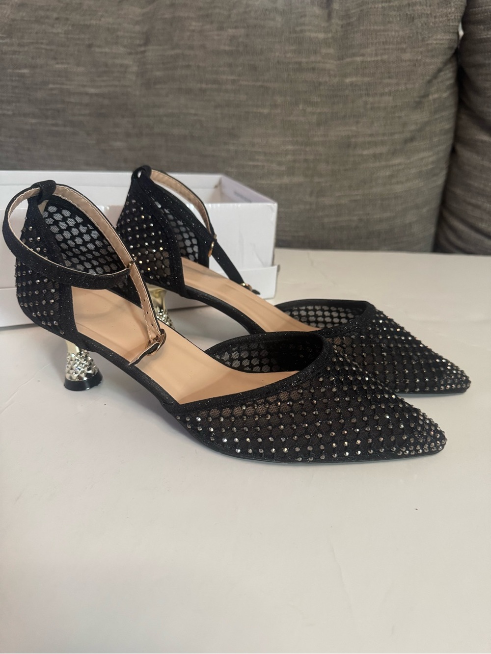 SHEIN Black Crystal Mesh Pointed Low Heel Ankle-Strap Pumps